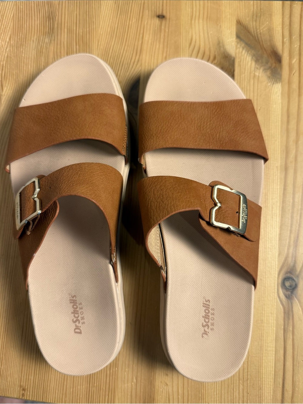 Dr. Scholl's Brown Slide Sandals with Gold Buckle
